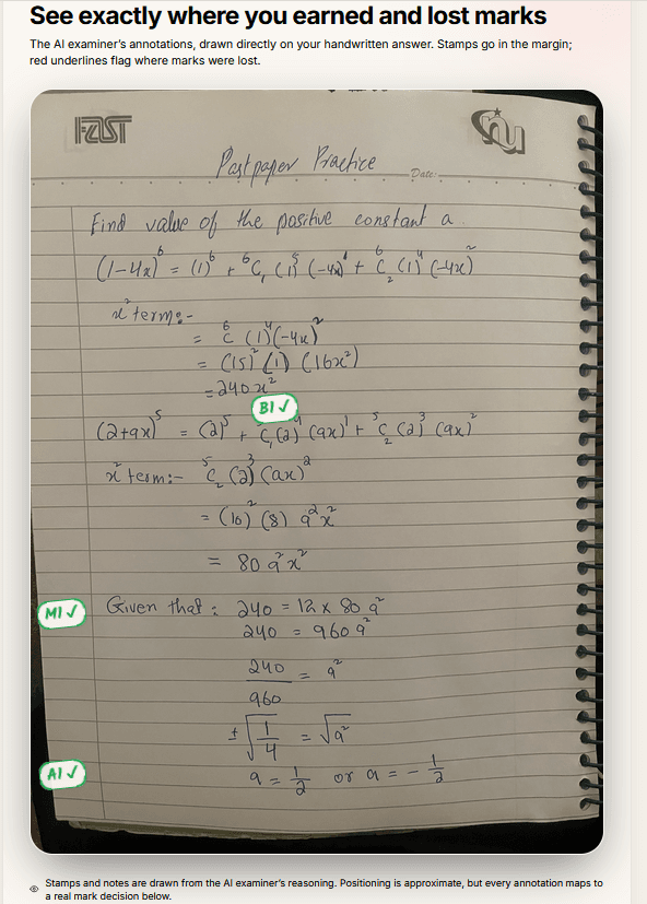 Examiner's Ink on binomial expansion work with B1, M1, and A1 stamps on the student's script